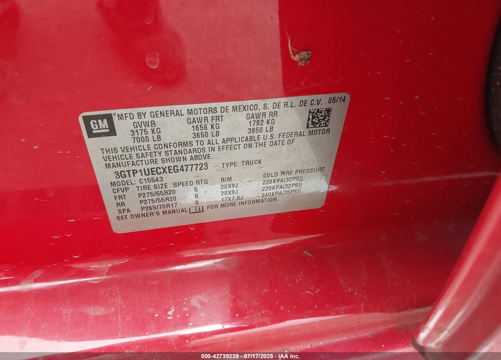 2014 GMC SIERRA 1500 VIN: 3GTP1UECXEG477723