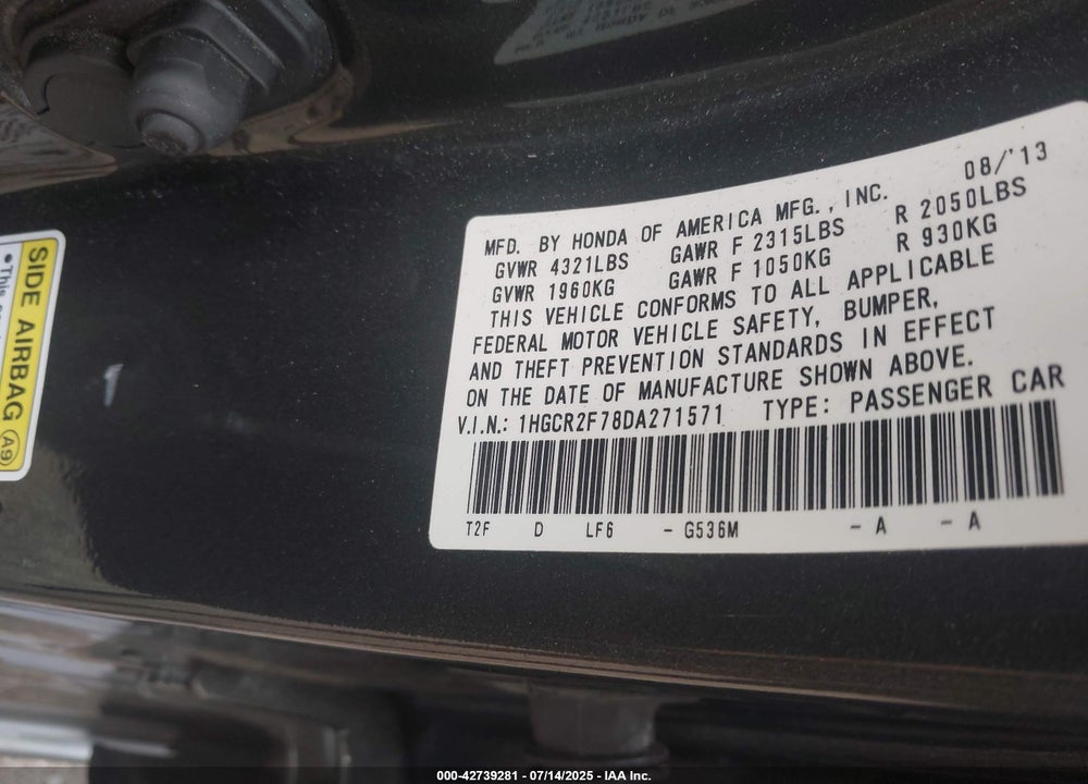 2013 HONDA ACCORD EX VIN: 1HGCR2F78DA271571