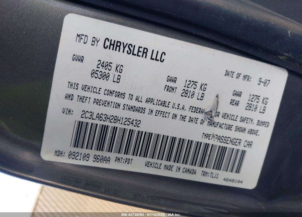 2008 CHRYSLER 300C HEMI VIN: 2C3LA63H28H125432