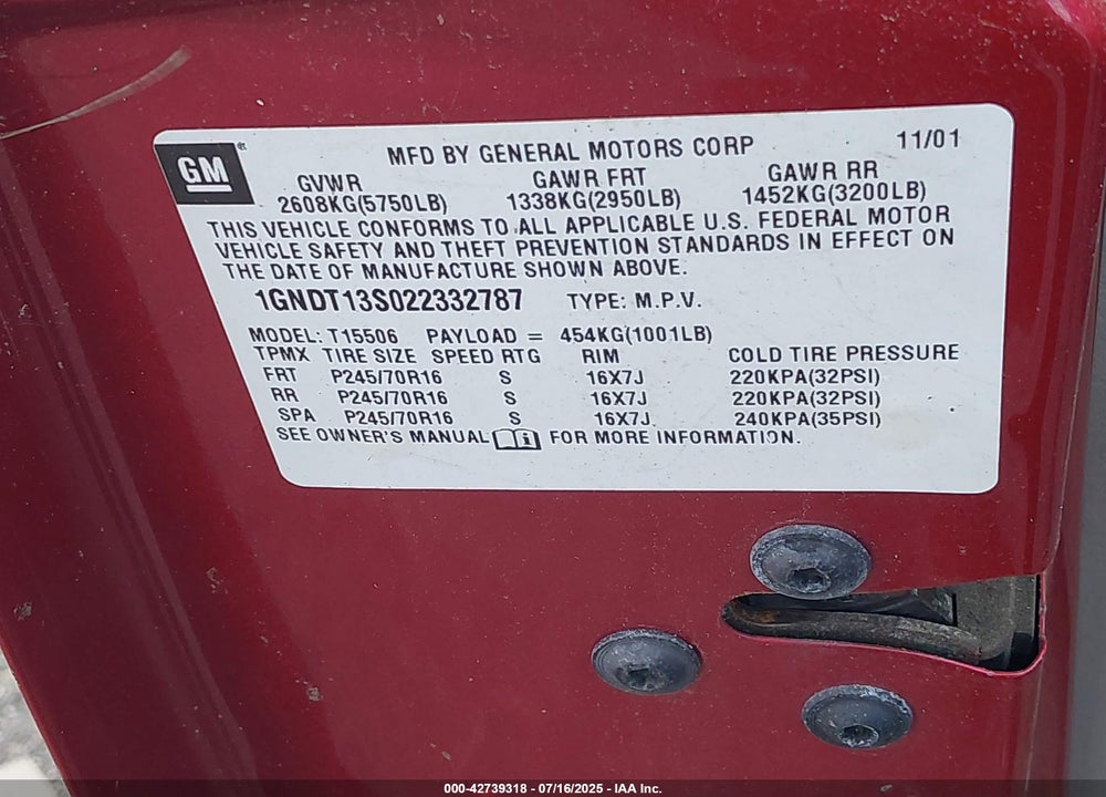 2002 CHEVROLET TRAILBLAZER LT VIN: 1GNDT13S022332787