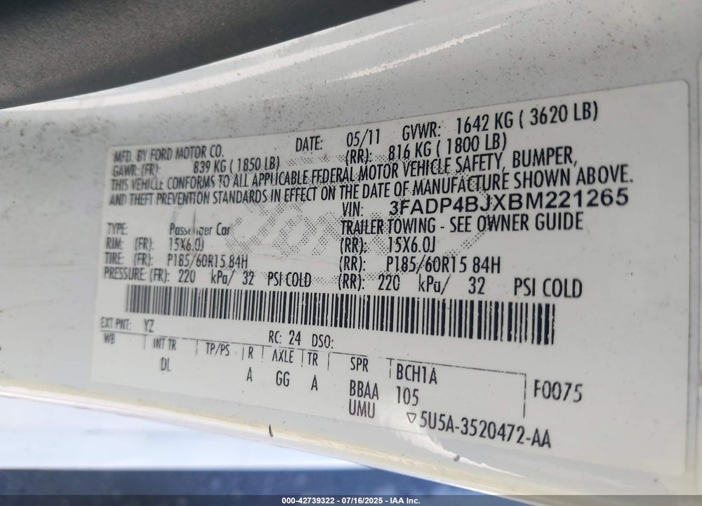 2011 FORD FIESTA VIN: 3FADP4BJXBM221265