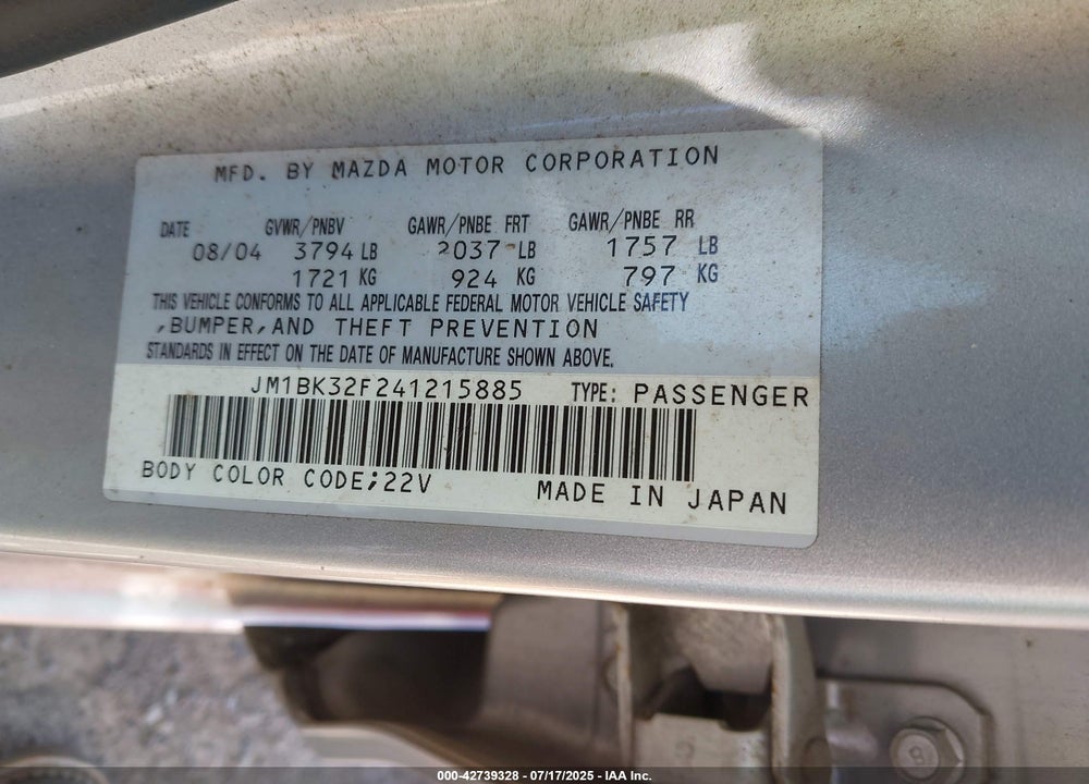 2004 MAZDA 3 I VIN: JM1BK32F241215885