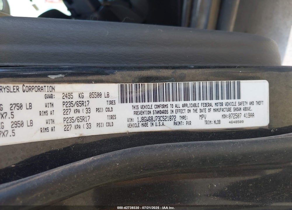 2003 JEEP GRAND CHEROKEE OVERLAND VIN: 1J8GW68J73C521872