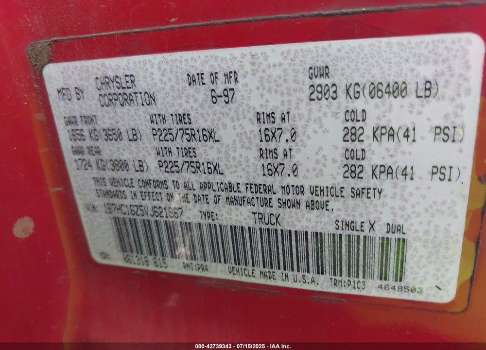 1997 DODGE RAM 1500 VIN: 1B7HC16Z5VJ621967