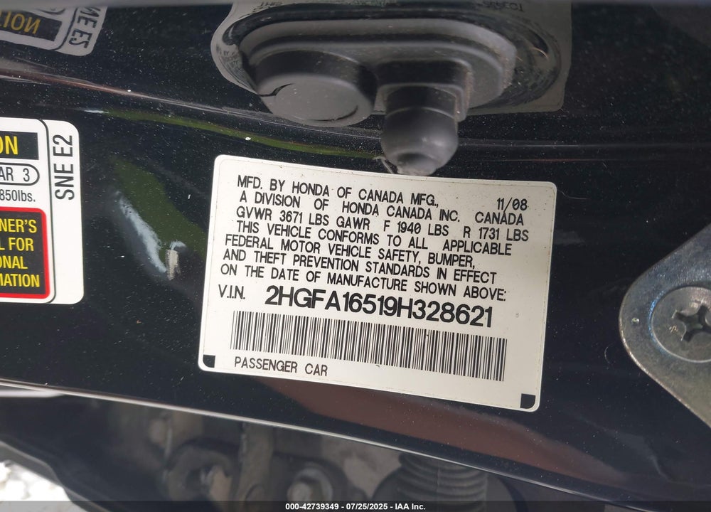 2009 HONDA CIVIC LX VIN: 2HGFA16519H328621