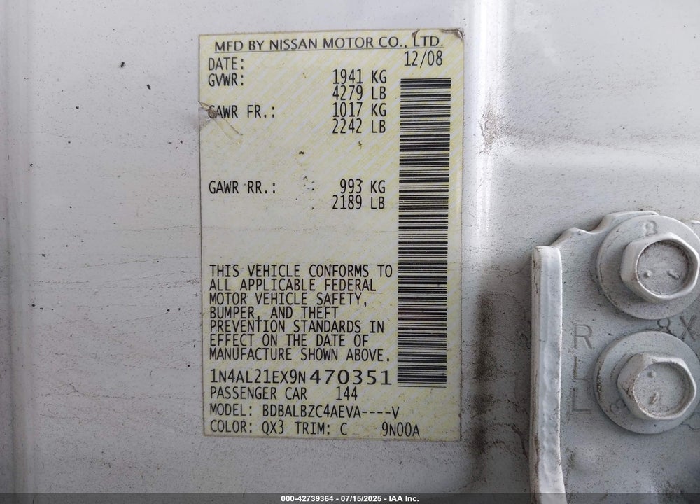 2009 NISSAN ALTIMA VIN: 1N4AL21EX9N470351