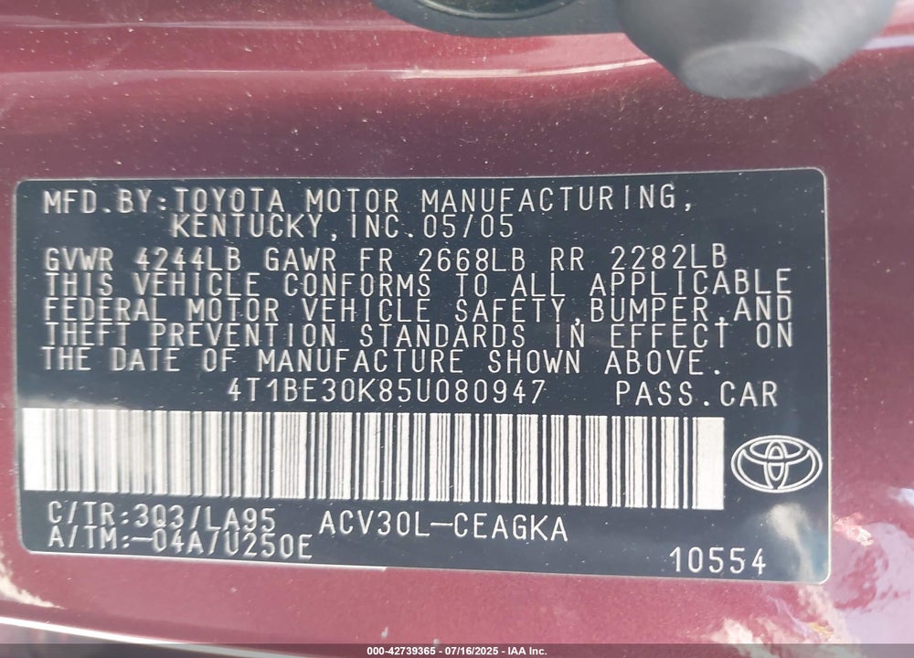 2005 TOYOTA CAMRY VIN: 4T1BE30K85U080947