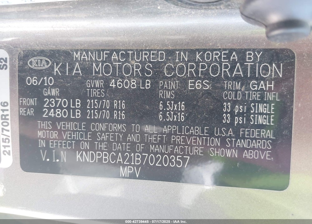 2011 KIA SPORTAGE VIN: KNDPBCA21B7020357