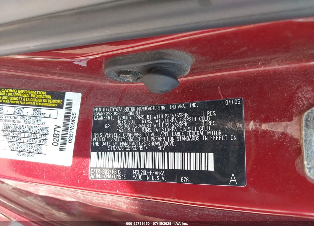 2005 TOYOTA SIENNA VIN: 5TDZA23CX5S330514