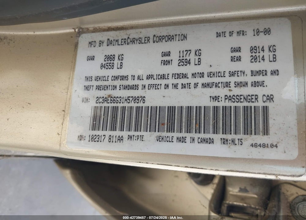 2001 CHRYSLER 300M VIN: 2C3AE66G31H570976