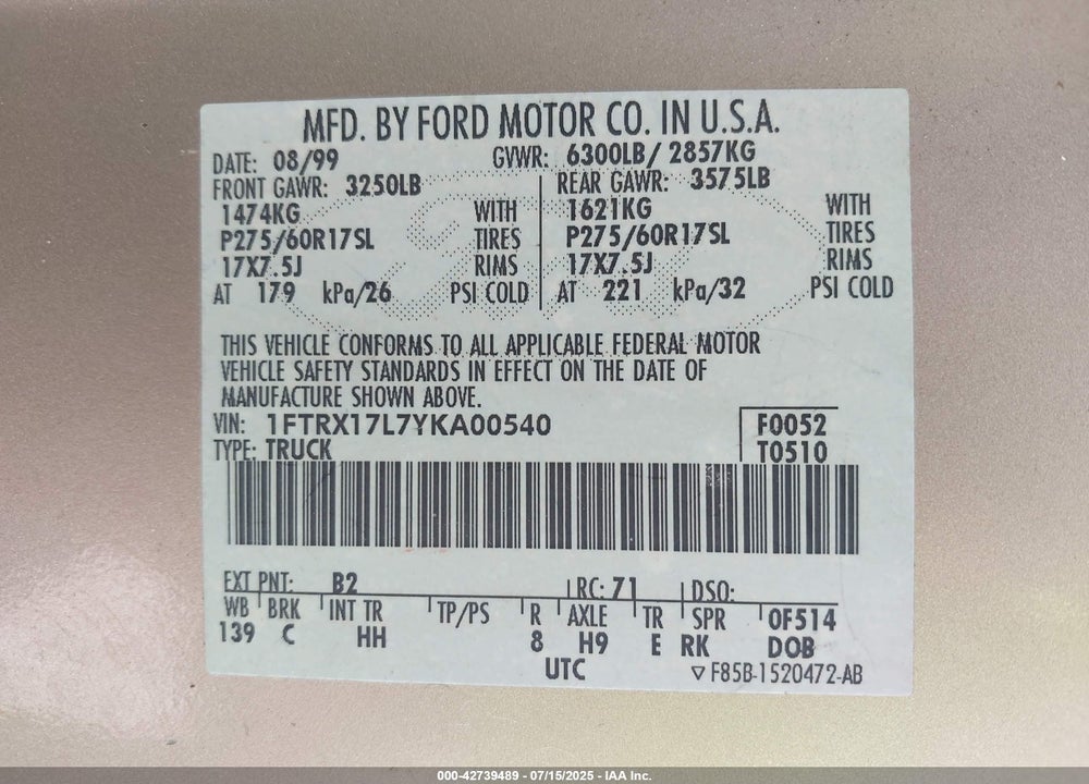 2000 FORD F-150 LARIAT/WORK SERIES/XL/XLT VIN: 1FTRX17L7YKA00540