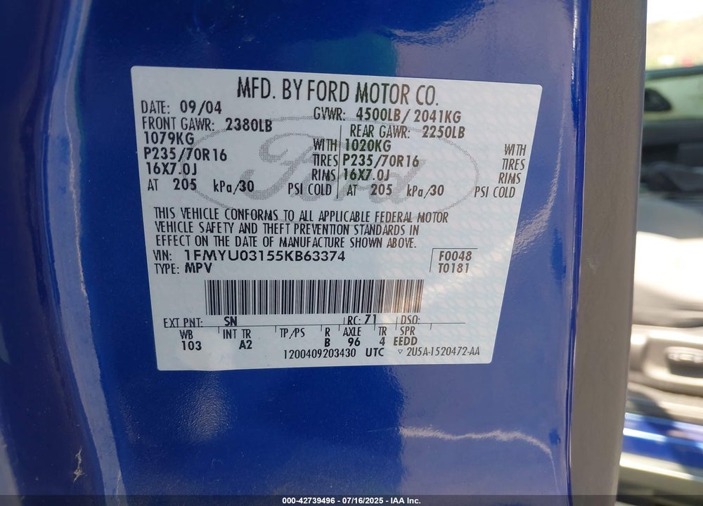 2005 FORD ESCAPE XLT VIN: 1FMYU03155KB63374
