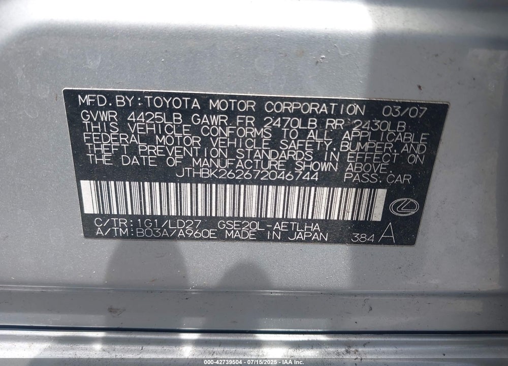2007 LEXUS IS 250 VIN: JTHBK262672046744