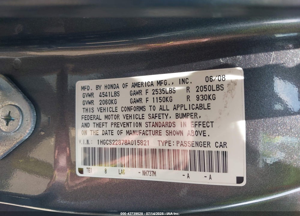2008 HONDA ACCORD VIN: 1HGCS22878A015821