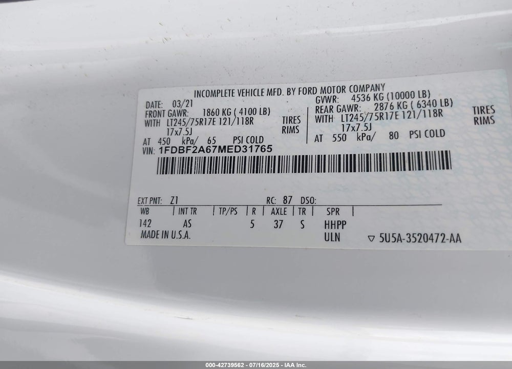 2021 FORD F-250 VIN: 1FDBF2A67MED31765
