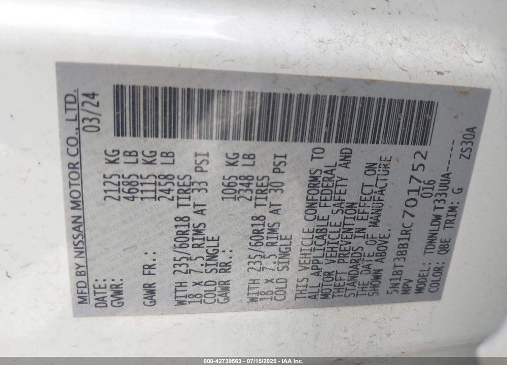 2024 NISSAN ROGUE VIN: 5N1BT3BB1RC701752