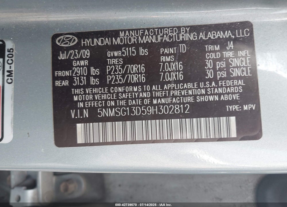 2009 HYUNDAI SANTA FE VIN: 5NMSG13D59H302812