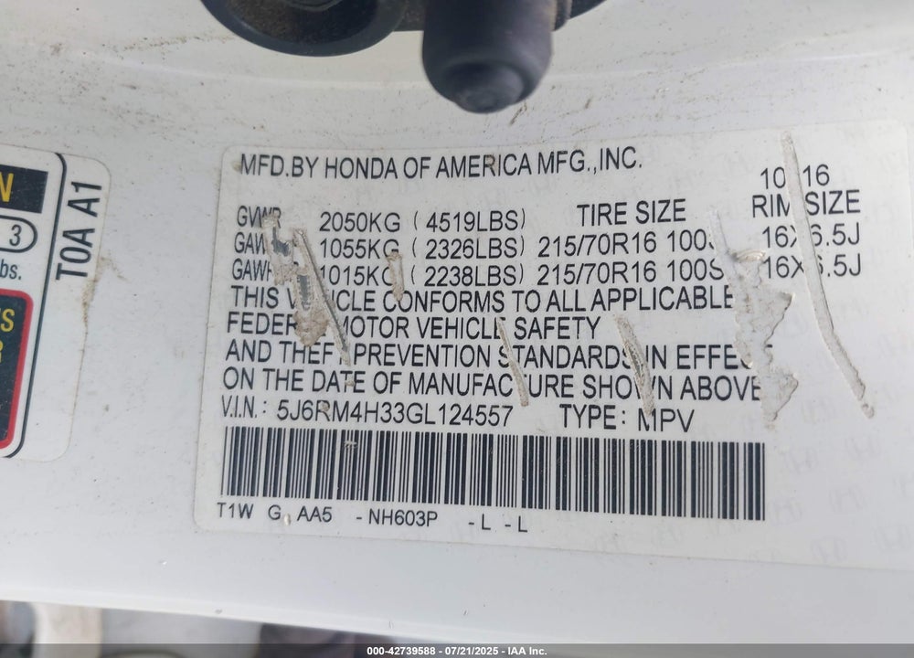 2016 HONDA CR-V LX VIN: 5J6RM4H33GL124557