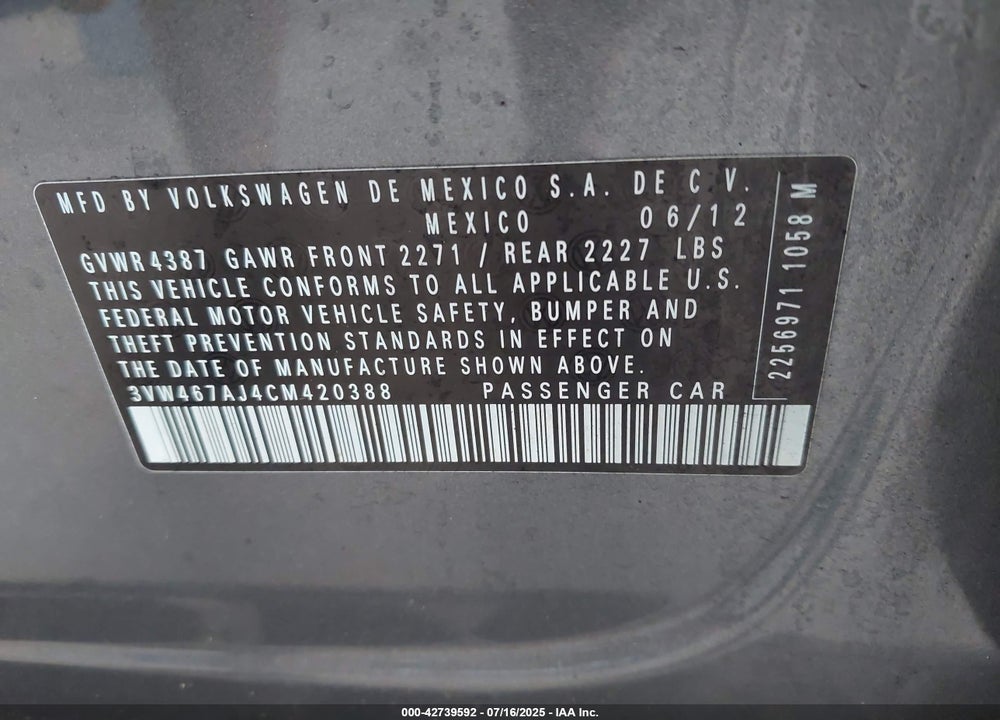2012 VOLKSWAGEN JETTA VIN: 3VW467AJ4CM420388