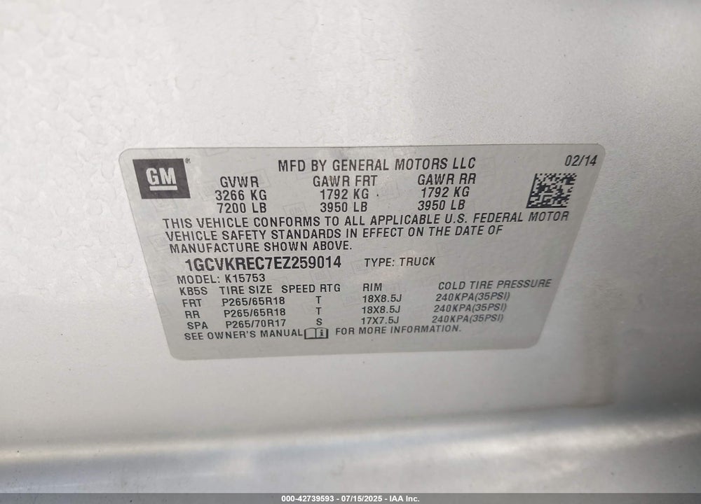 2014 CHEVROLET SILVERADO 1500 VIN: 1GCVKREC7EZ259014