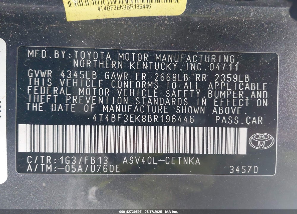 2011 TOYOTA CAMRY VIN: 4T4BF3EK8BR196446