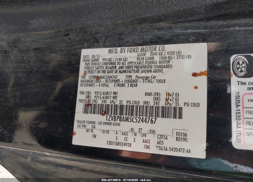2012 FORD MUSTANG VIN: 1ZVBP8AM5C5244767