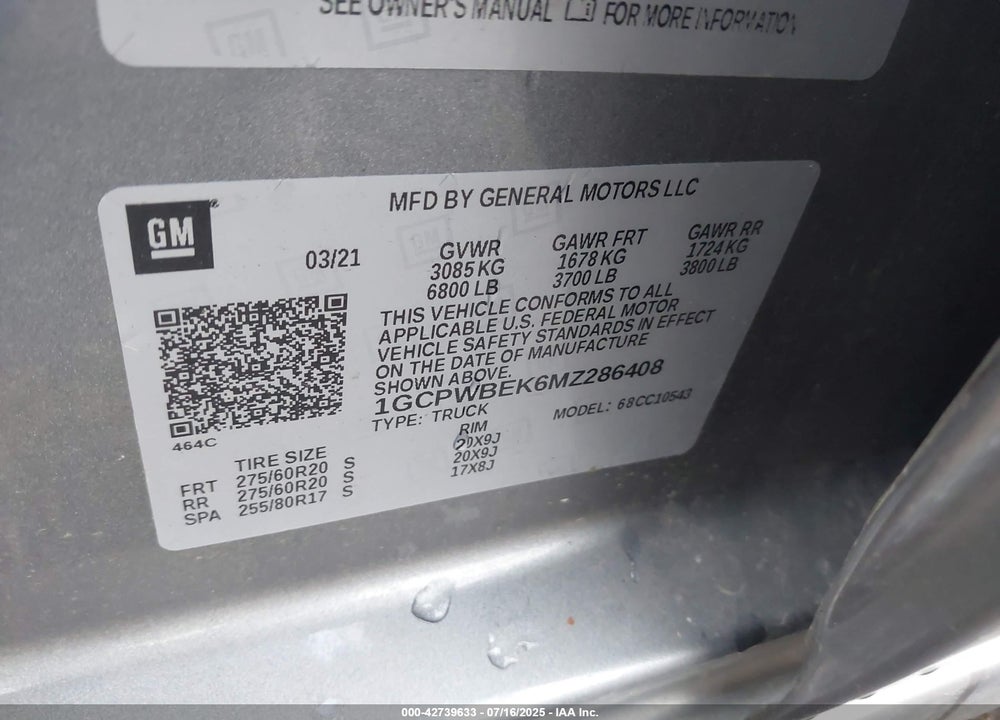 2021 CHEVROLET SILVERADO 1500 VIN: 1GCPWBEK6MZ286408