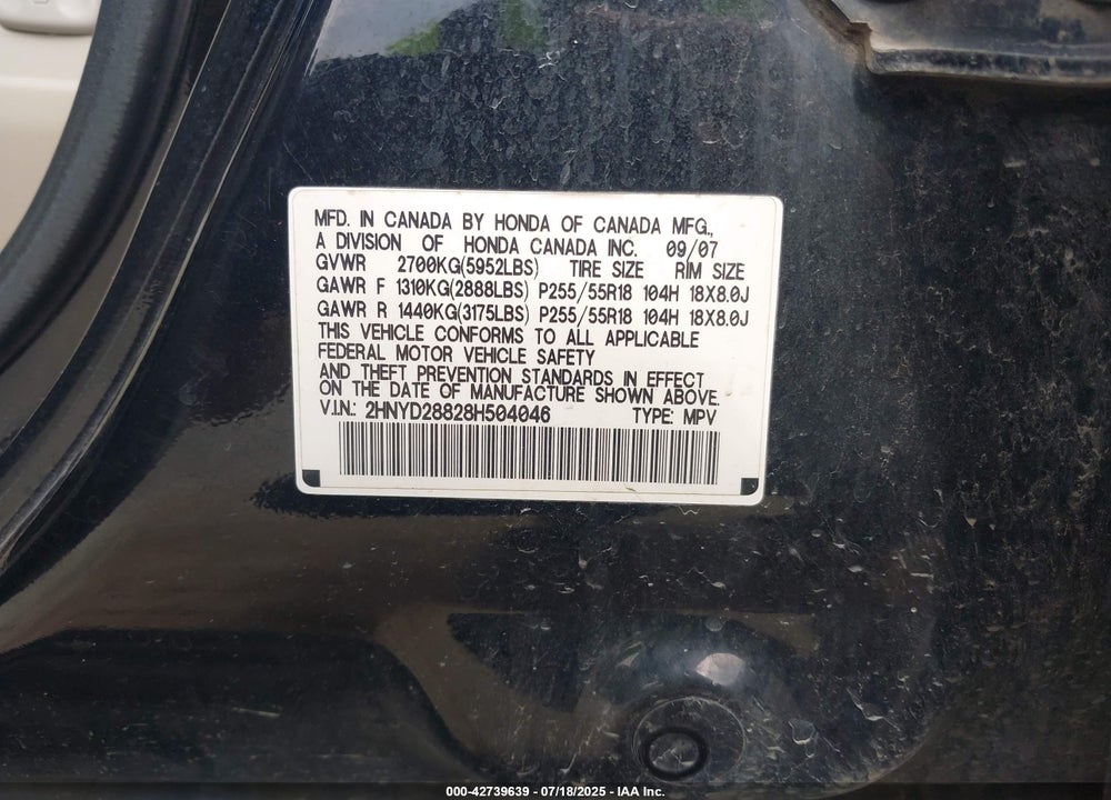 2008 ACURA MDX VIN: 2HNYD28828H504046