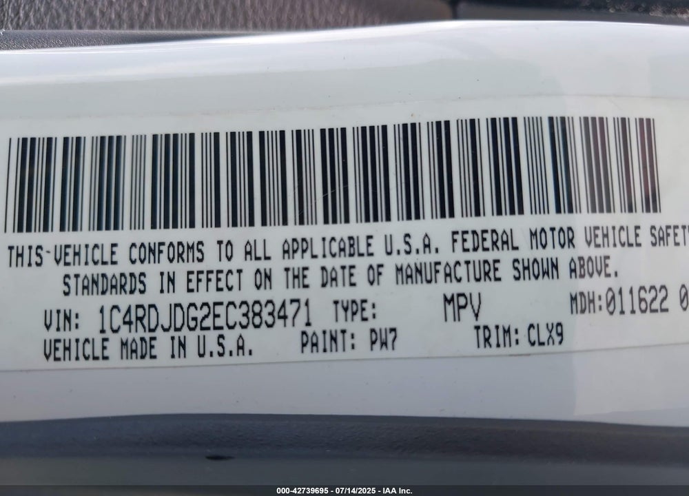2014 DODGE DURANGO VIN: 1C4RDJDG2EC383471