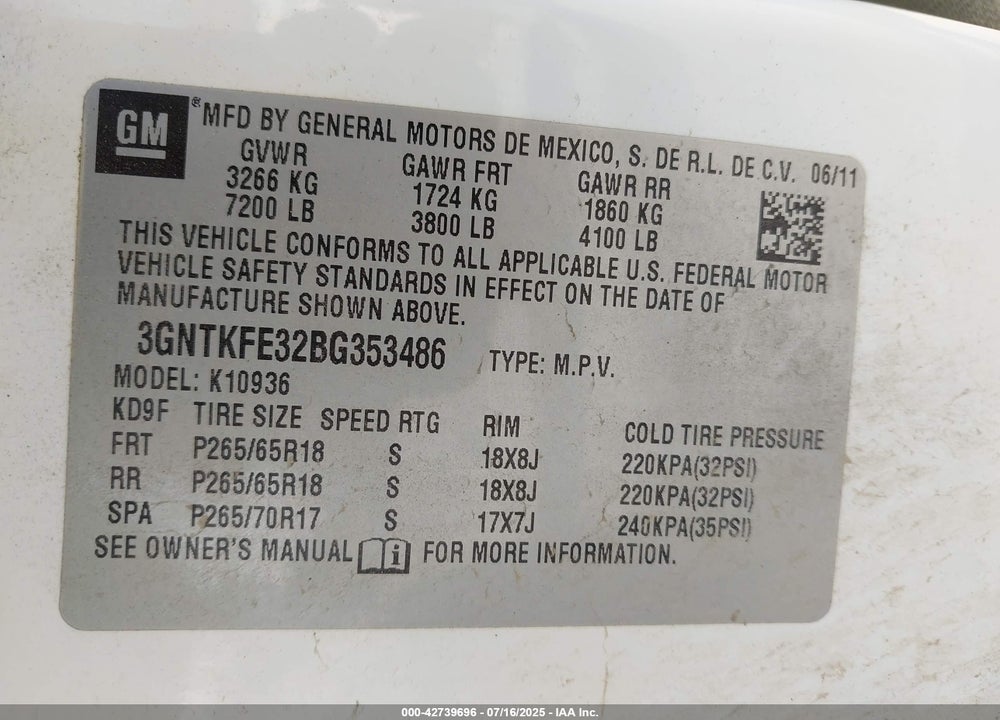 2011 CHEVROLET AVALANCHE VIN: 3GNTKFE32BG353486