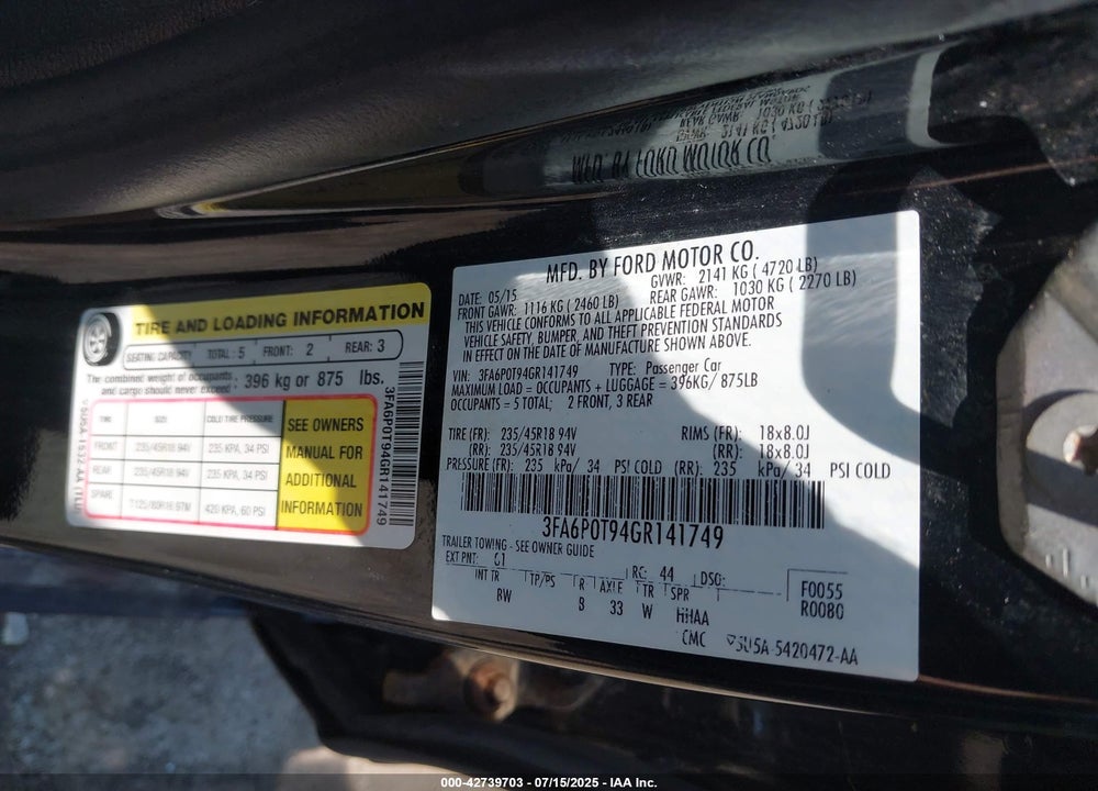 2016 FORD FUSION VIN: 3FA6P0T94GR141749