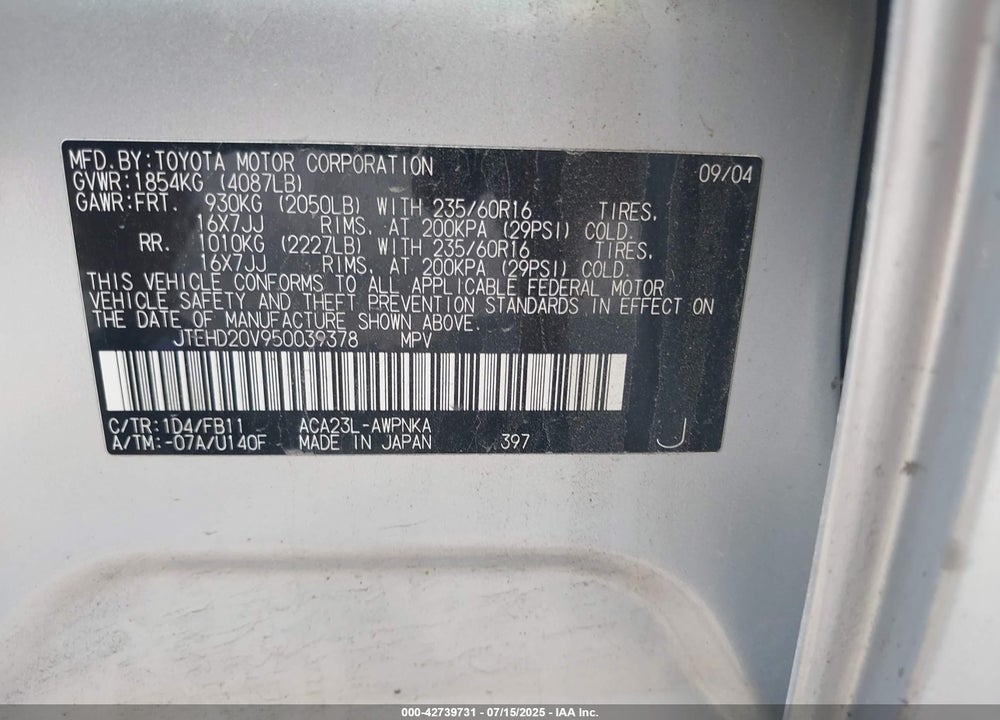 2005 TOYOTA RAV4 VIN: JTEHD20V950039378