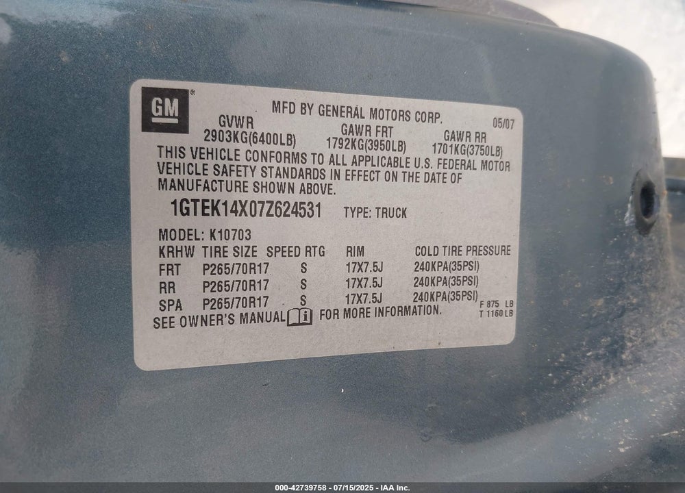 2007 GMC SIERRA 1500 VIN: 1GTEK14X07Z624531