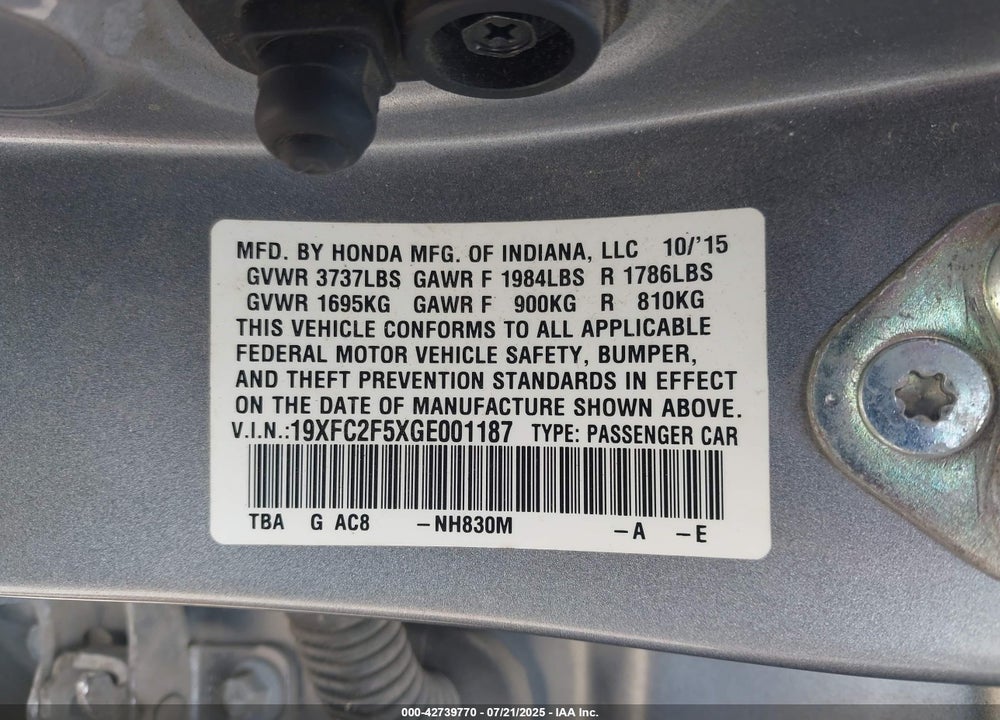 2016 HONDA CIVIC VIN: 19XFC2F5XGE001187
