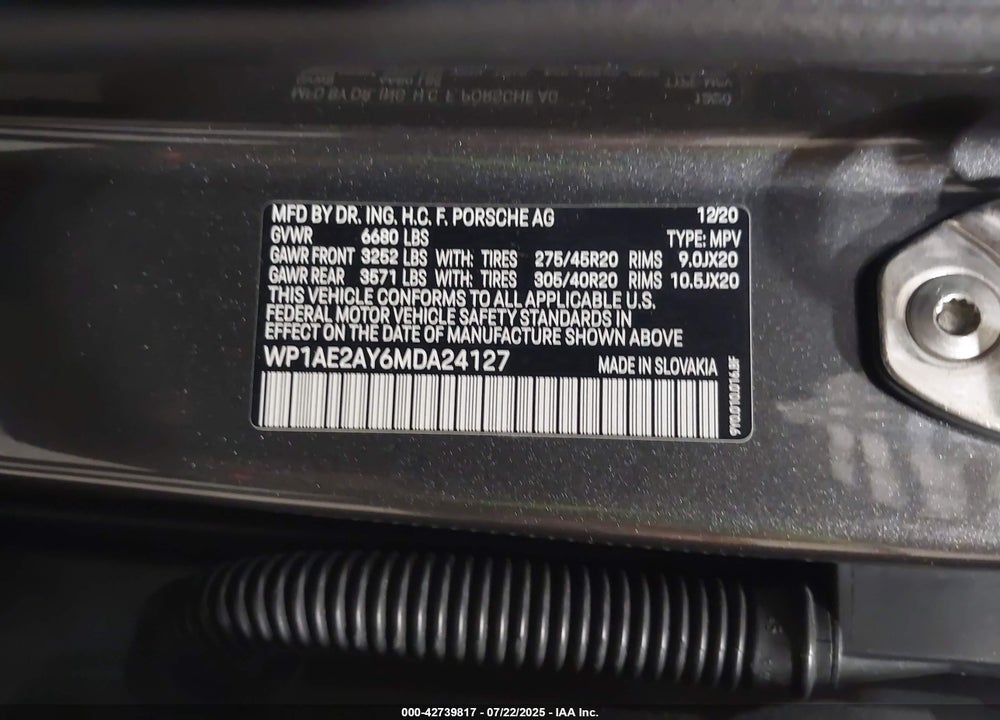 2021 PORSCHE CAYENNE VIN: WP1AE2AY6MDA24127