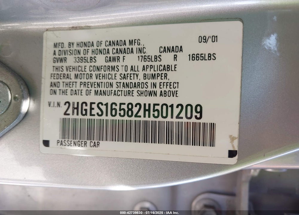 2002 HONDA CIVIC LX VIN: 2HGES16582H501209
