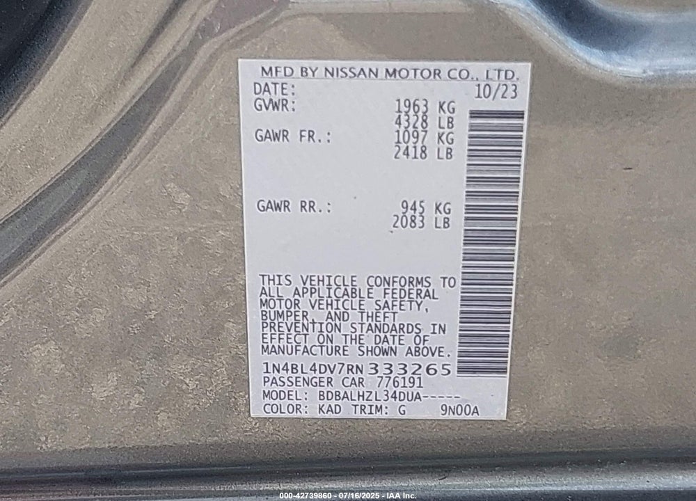2024 NISSAN ALTIMA SV FWD VIN: 1N4BL4DV7RN333265