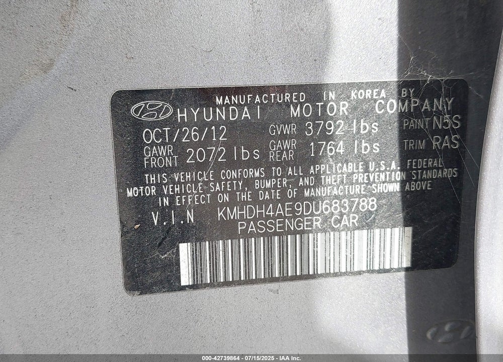 2013 HYUNDAI ELANTRA VIN: KMHDH4AE9DU683788