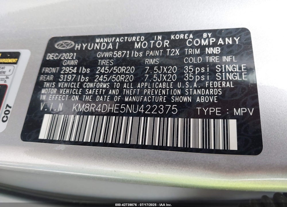 2022 HYUNDAI PALISADE VIN: KM8R4DHE5NU422375