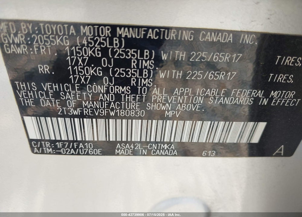 2015 TOYOTA RAV4 VIN: 2T3WFREV9FW180830