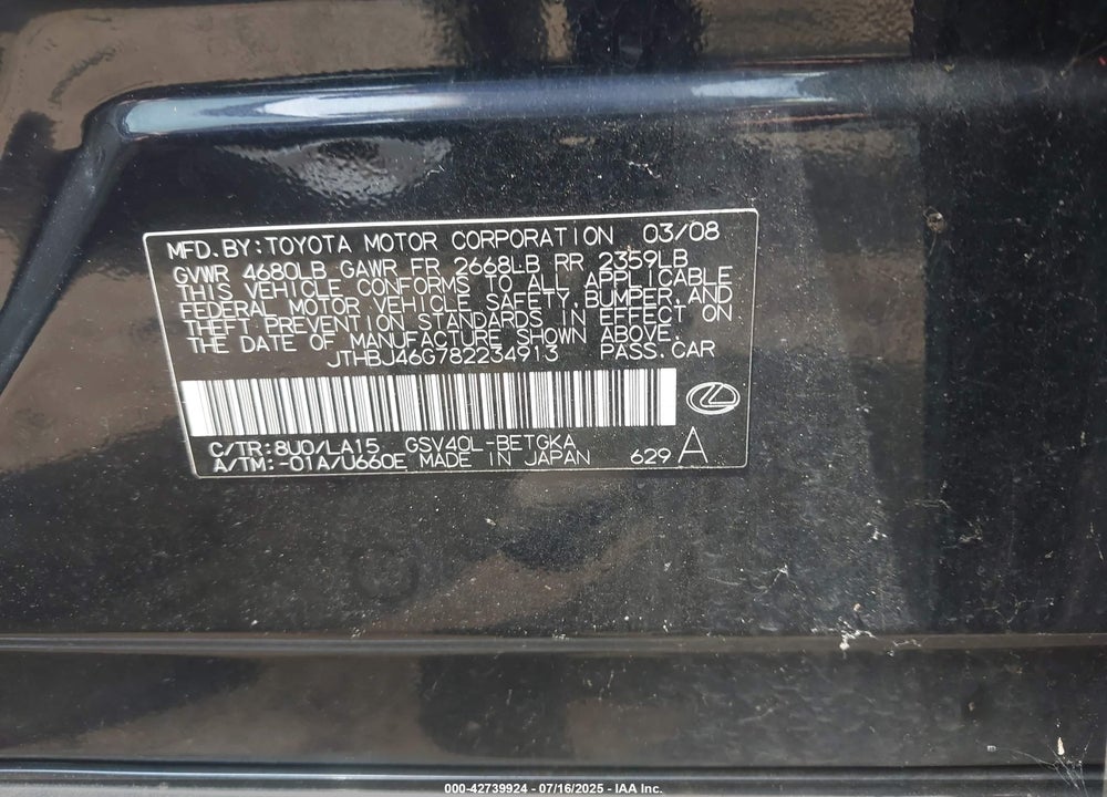 2008 LEXUS ES350 VIN: JTHBJ46G782234913