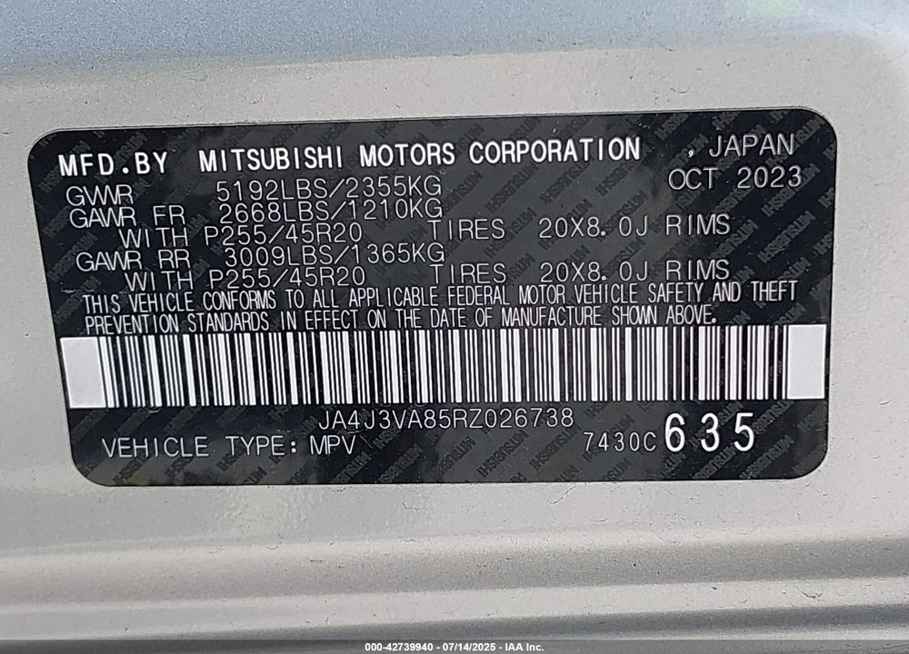 2024 MITSUBISHI OUTLANDER VIN: JA4J3VA85RZ026738