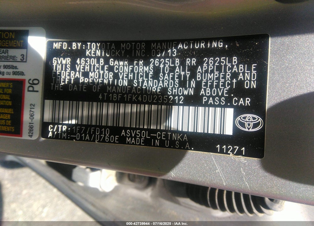 2013 TOYOTA CAMRY VIN: 4T1BF1FK4DU235212