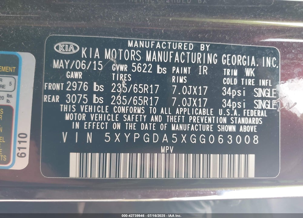 2016 KIA SORENTO VIN: 5XYPGDA5XGG063008