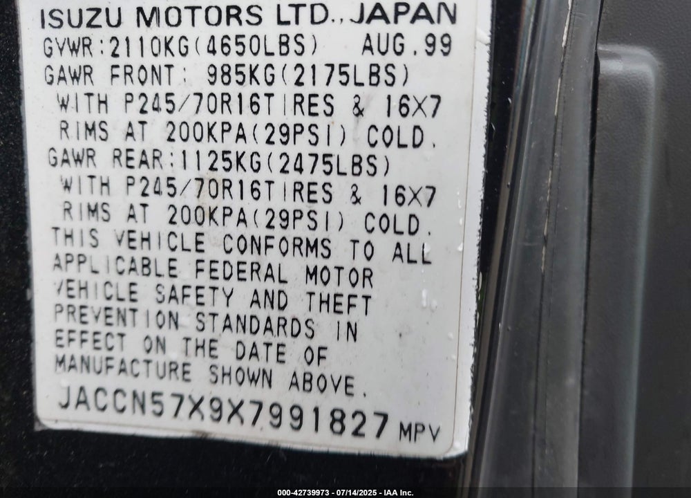 1999 ISUZU VEHICROSS VIN: JACCN57X9X7991827