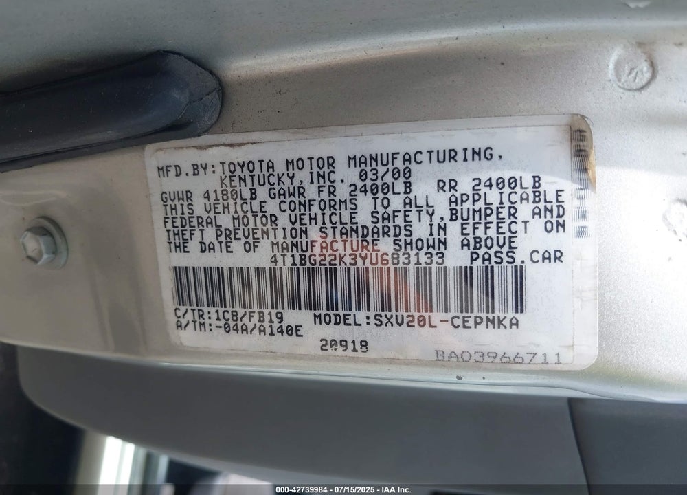 2000 TOYOTA CAMRY LE VIN: 4T1BG22K3YU683133