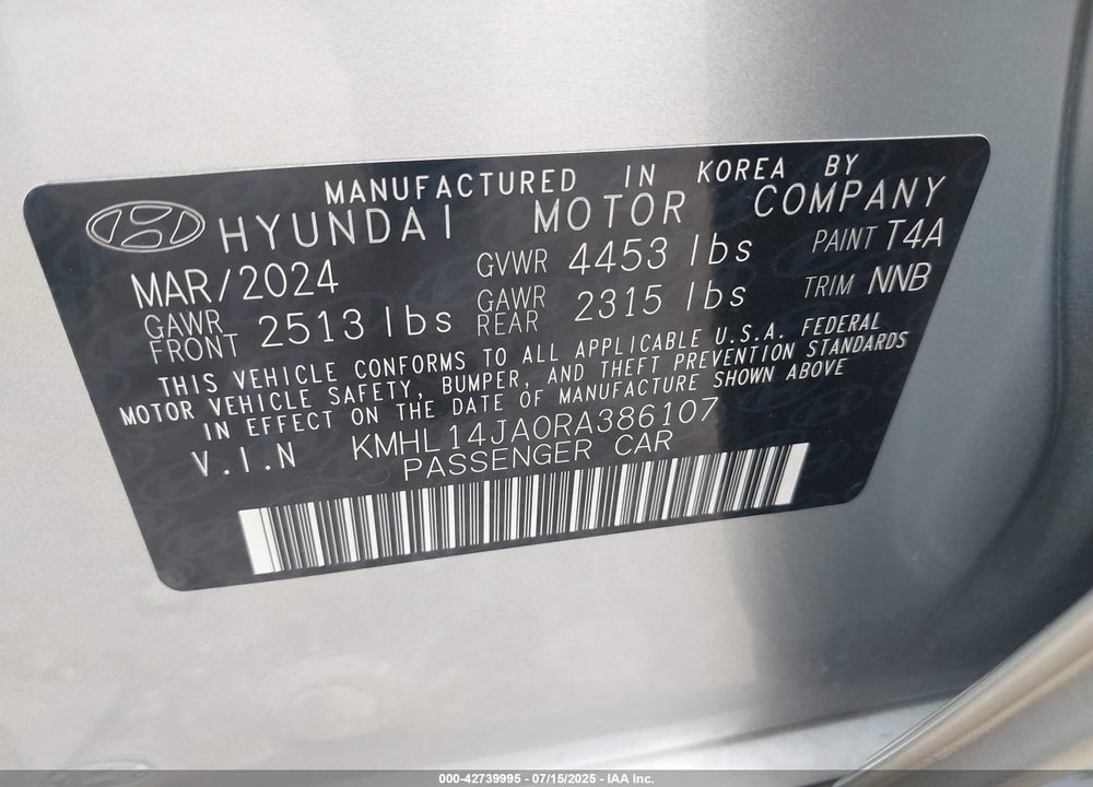2024 HYUNDAI SONATA SEL VIN: KMHL14JA0RA386107