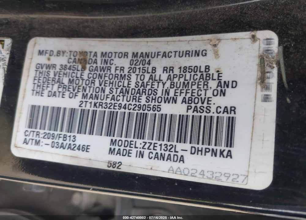 2004 TOYOTA MATRIX/XR VIN: 2T1KR32E94C290565