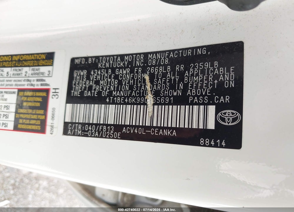 2009 TOYOTA CAMRY VIN: 4T1BE46K99U865691