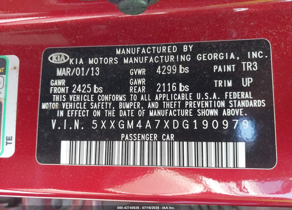 2013 KIA OPTIMA VIN: 5XXGM4A7XDG190979